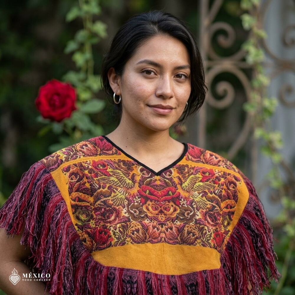 Traditional Embroidered Huipil Cape Floral One-of-a-Kind Artesanal Shoulder Wrap